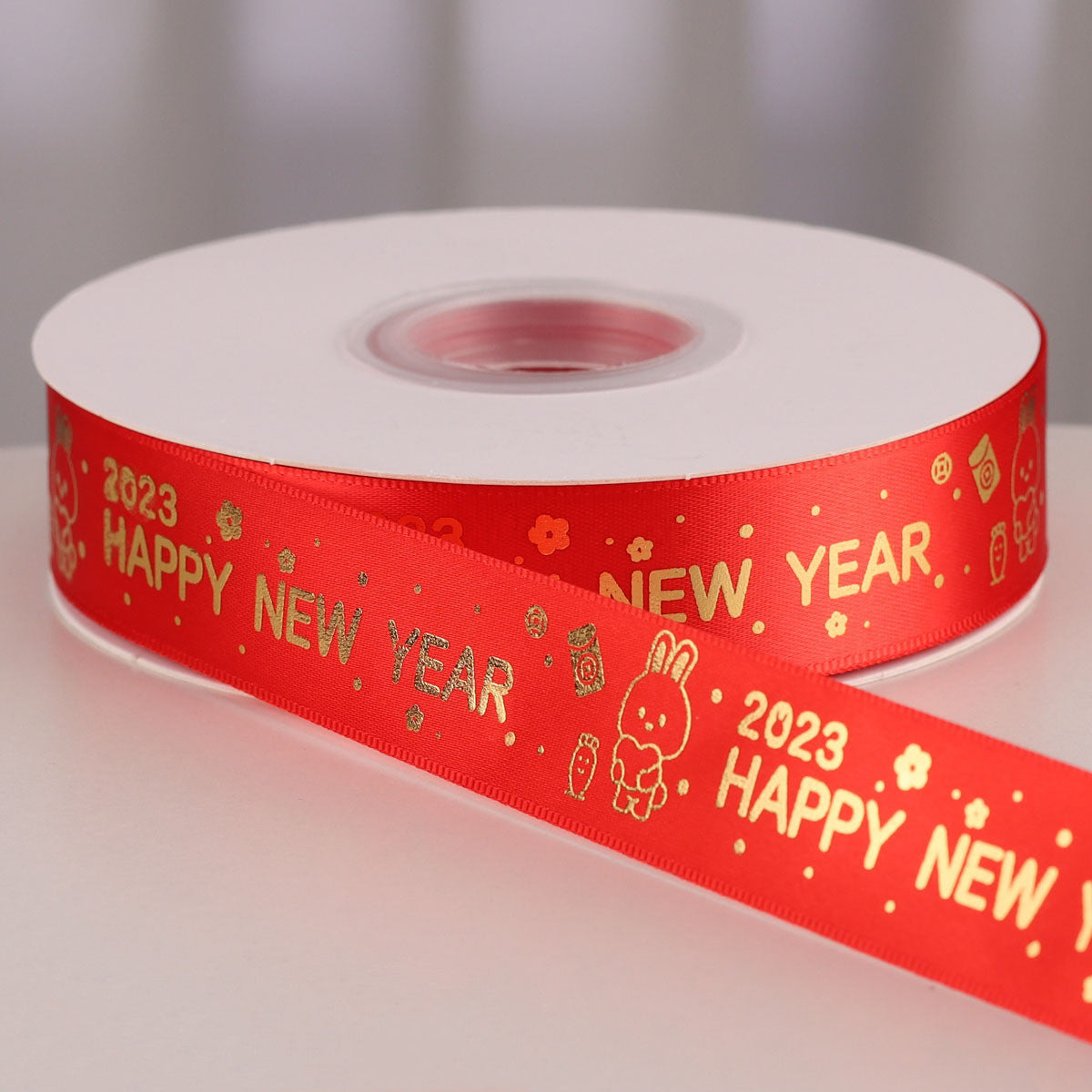Happy New Year Ribbon 2.5cm Hot Stamping Red Polyester Ribbon