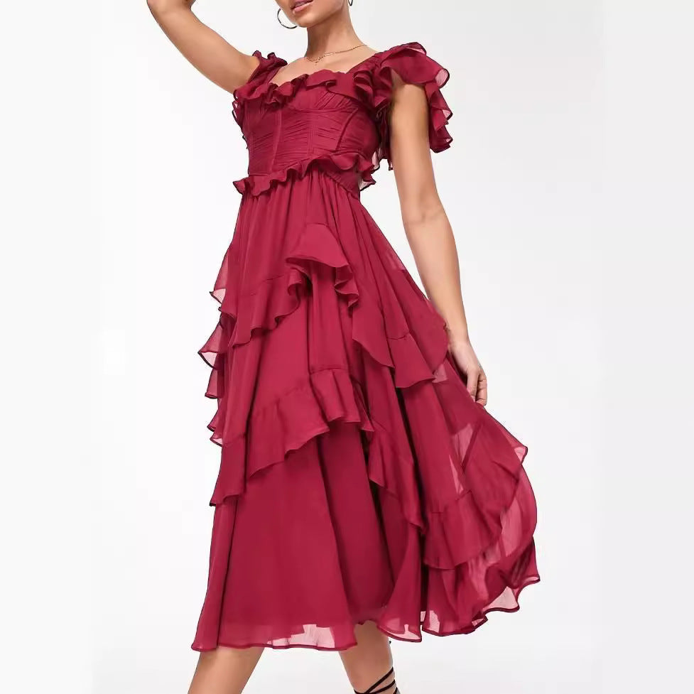 Summer Holiday Ruffled Short-sleeved Dress Fashion Backless