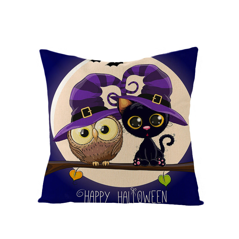 Halloween Linen Cute Cartoon Printed Kitten Pumpkin Head Pillow Cover