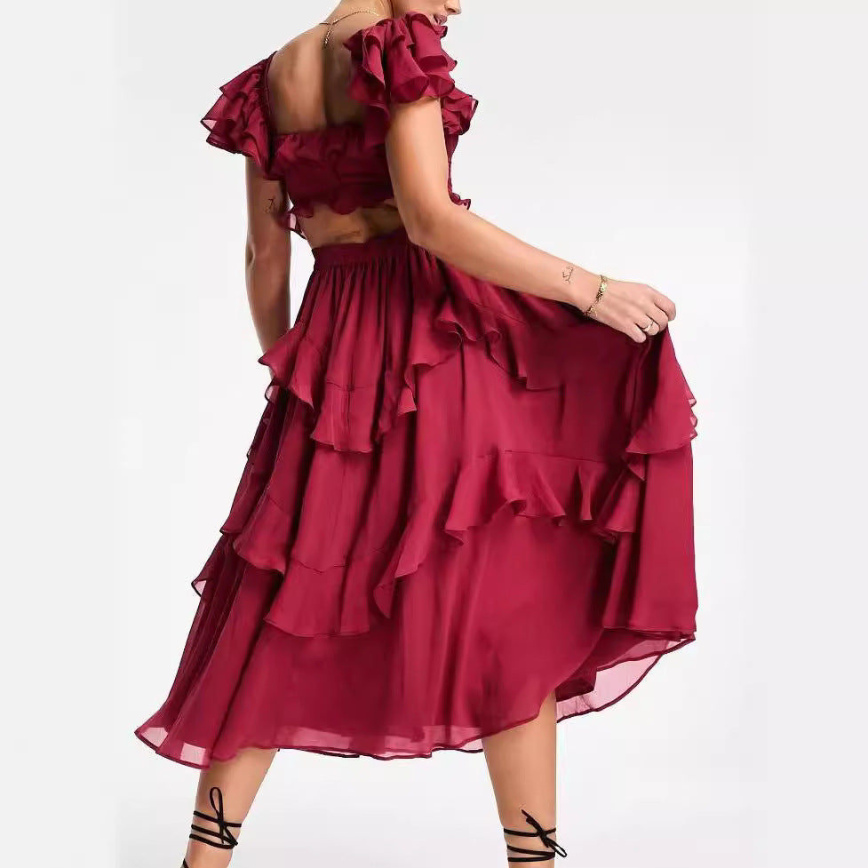 Summer Holiday Ruffled Short-sleeved Dress Fashion Backless