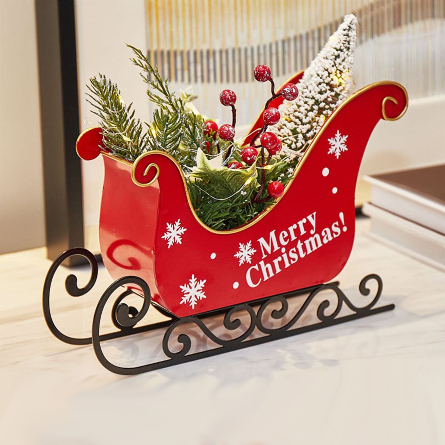 Christmas Decoration Metal Sleigh With Christmas Tree LED Lights