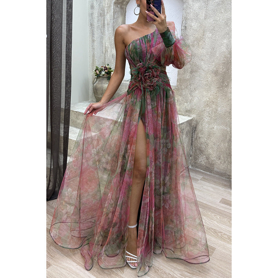 Mesh Tie-dye Printed Off-shoulder Slit Dress Summer Fashion