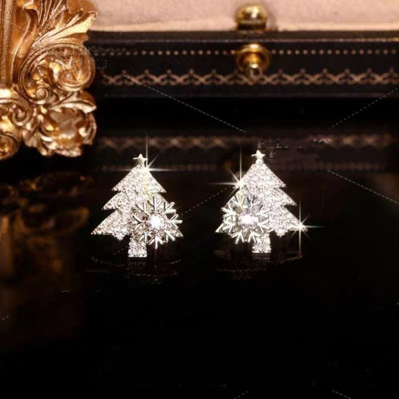 Rotatable Christmas Tree Earrings Shiny Rhinestone Snowflake