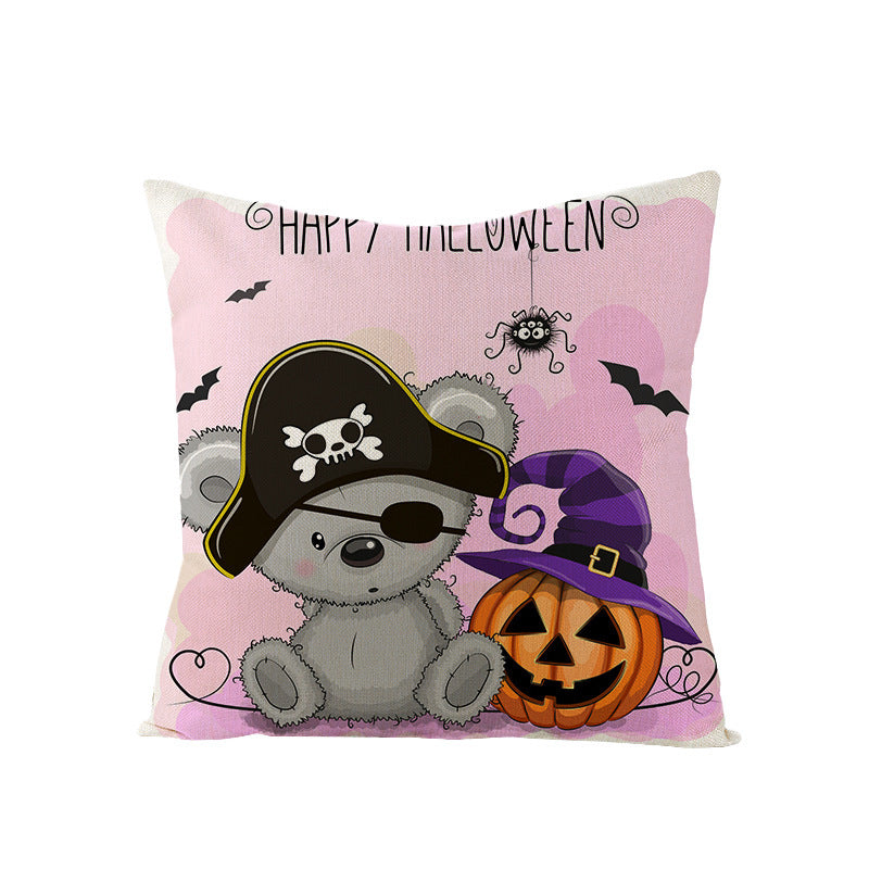 Halloween Linen Cute Cartoon Printed Kitten Pumpkin Head Pillow Cover