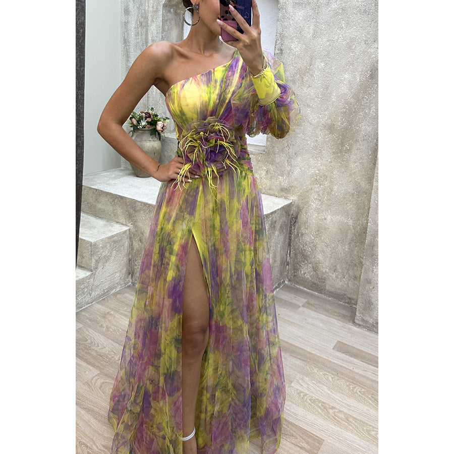 Mesh Tie-dye Printed Off-shoulder Slit Dress Summer Fashion