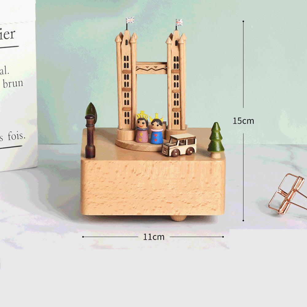 Wooden building model music box birthday gift