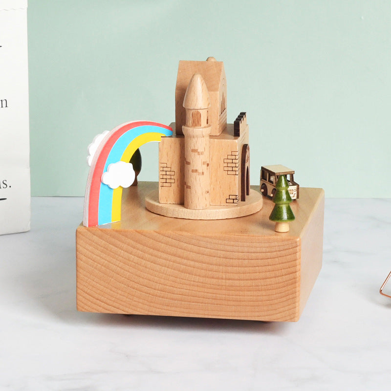 Wooden building model music box birthday gift