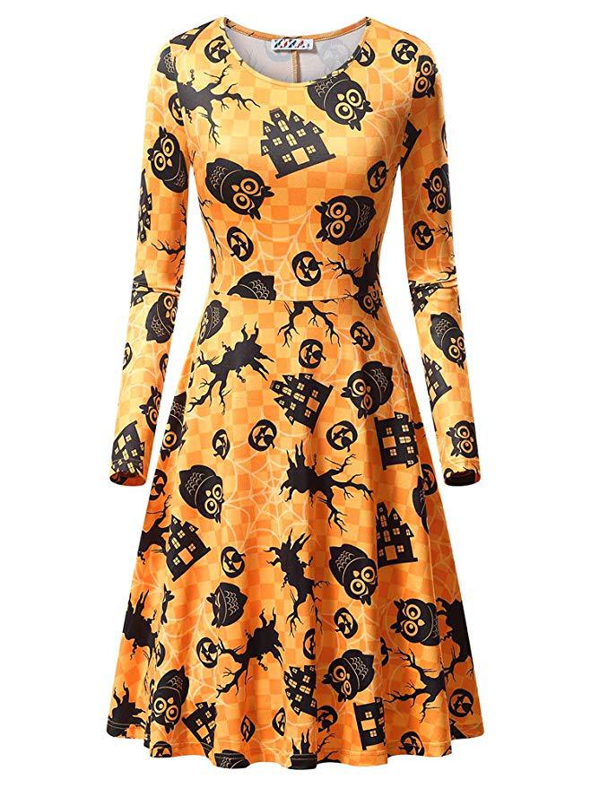 Halloween Pumpkin Print Long Sleeve Dress