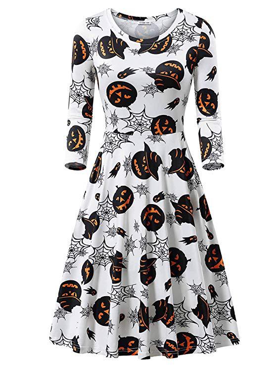 Halloween Pumpkin Print Long Sleeve Dress