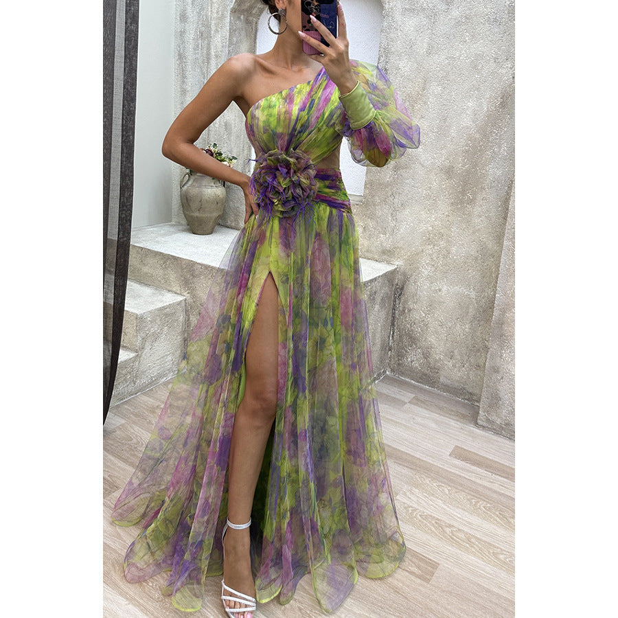 Mesh Tie-dye Printed Off-shoulder Slit Dress Summer Fashion