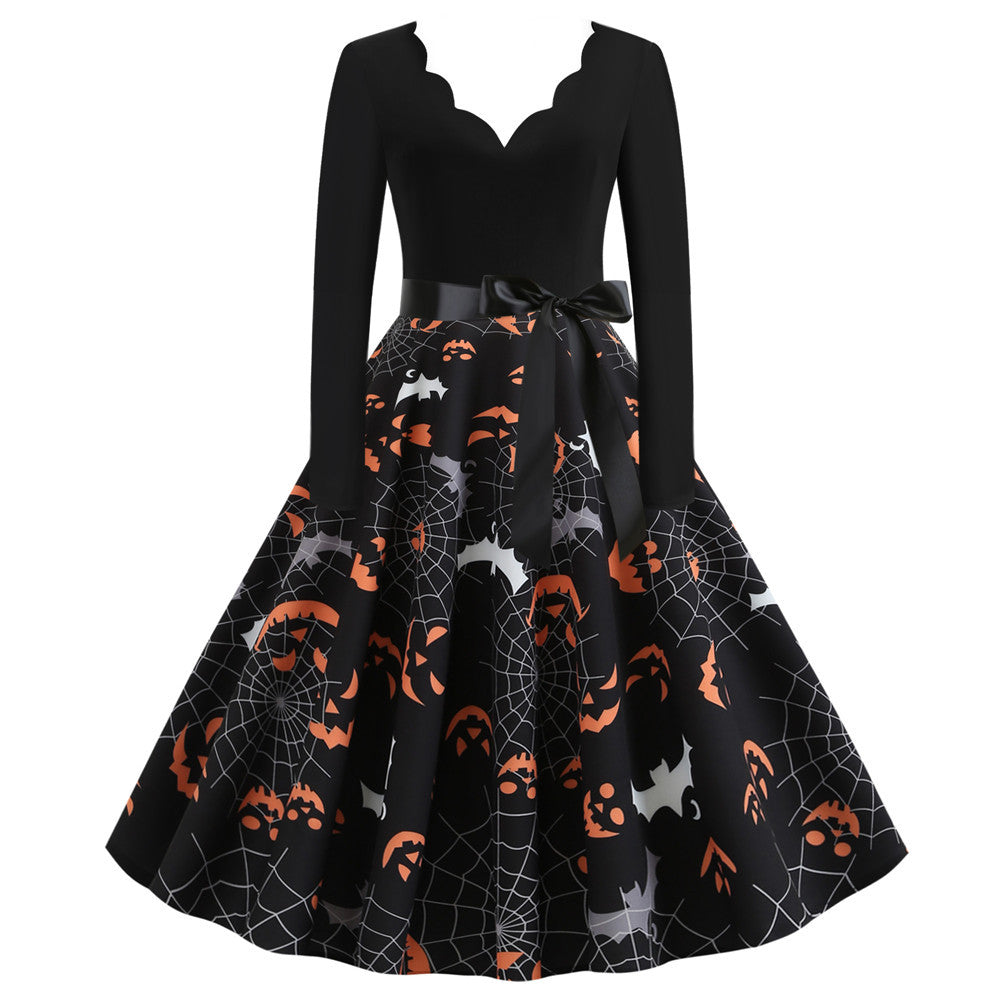 Halloween Burnt Flower V-neck Long-sleeved Sexy Print Big Swing Dress