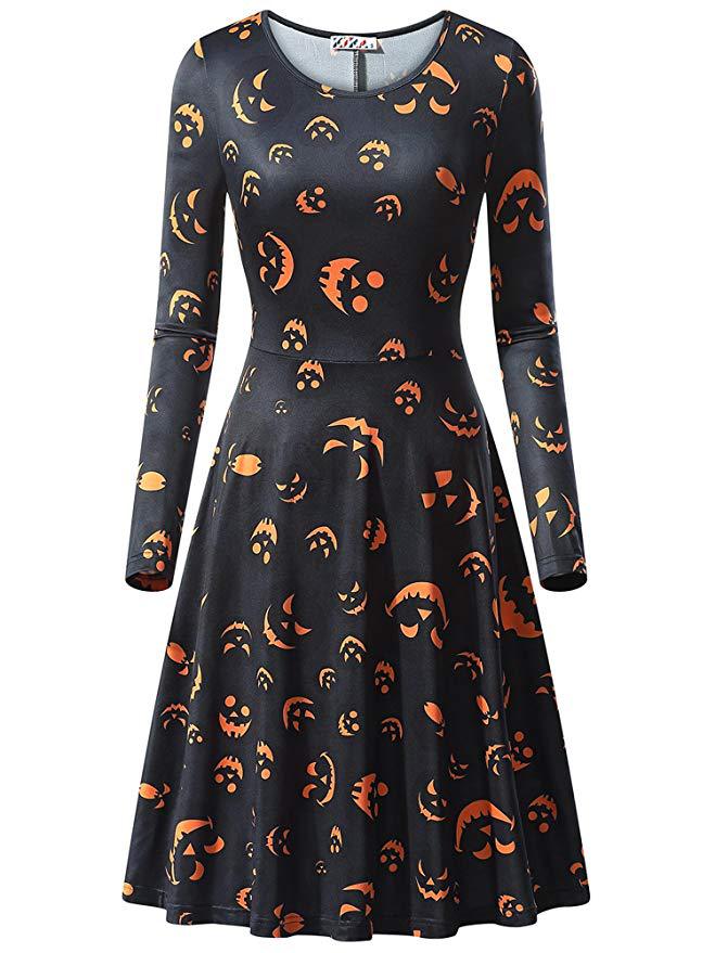 Halloween Pumpkin Print Long Sleeve Dress