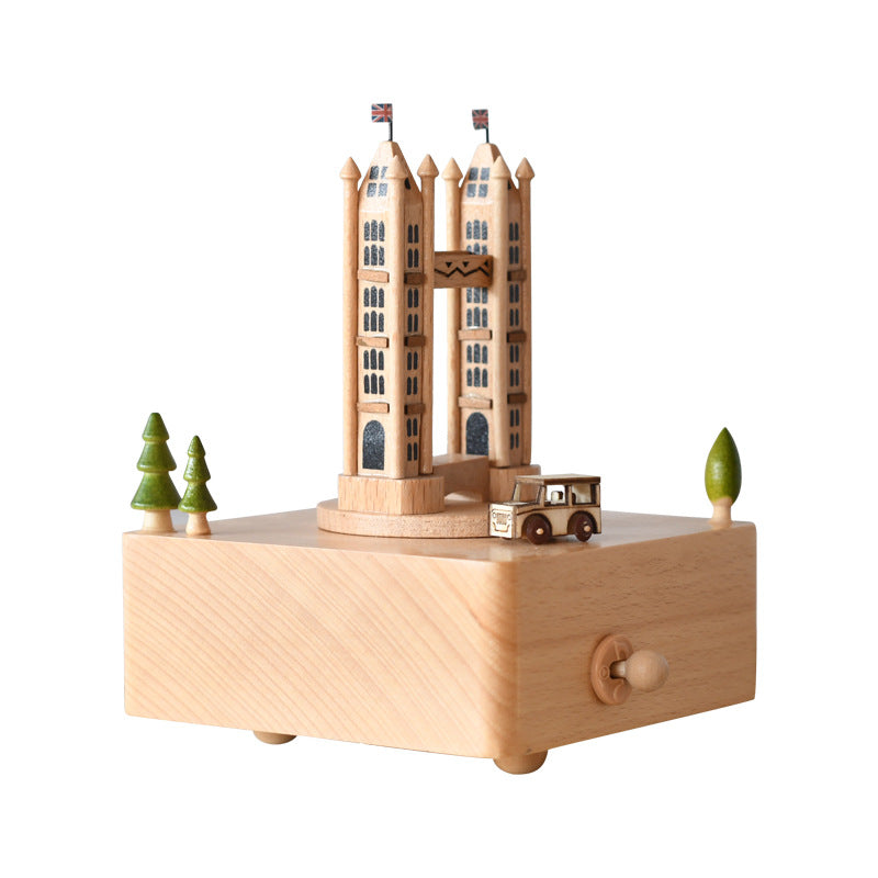 Wooden building model music box birthday gift