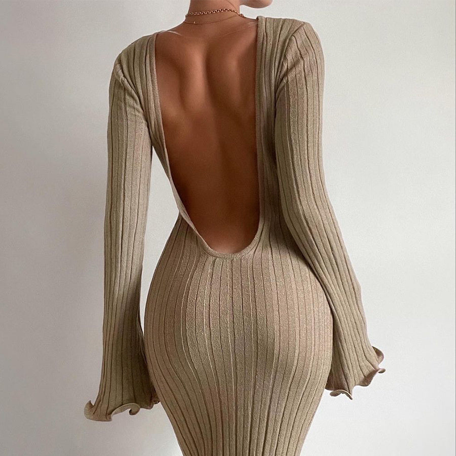 Fashion Slim Long-sleeved Ruffled Long Dress Sexy Hip-wrapped