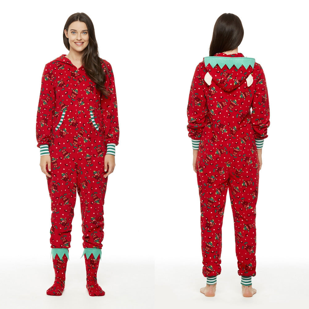 Fashionable Parent-child Hooded Christmas Print Jumpsuit