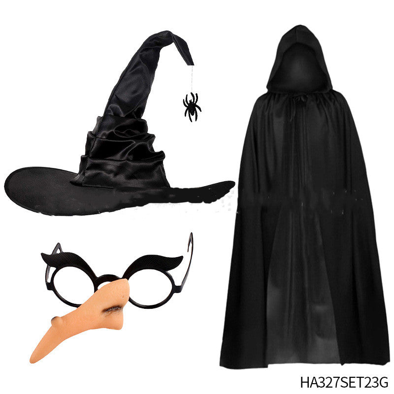 Halloween Costume Witch Spider Pendant Witch Hat Black Cloak Nose Eyes Suit