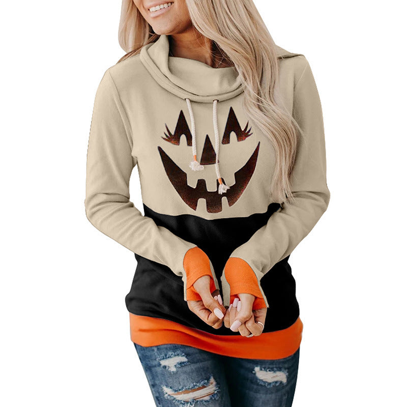 Halloween Long Sleeve Sweater Women Christmas Cartoon Pattern Contrast Color High Neck Pullover Ladies
