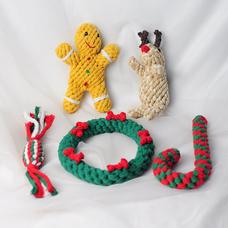 Christmas Pet Cotton Rope Toy Cane Cleaning Dog Teething Toy