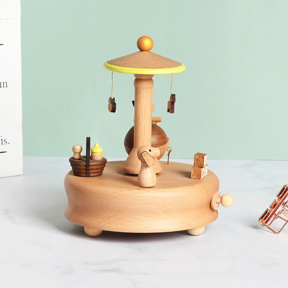 Wooden building model music box birthday gift