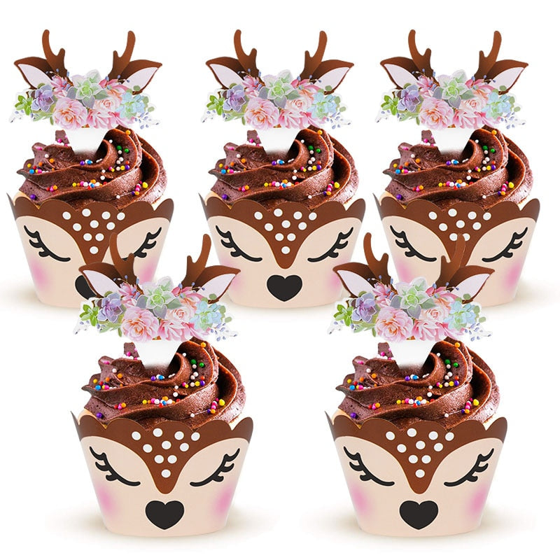 Cartoon Sika Deer Cupcake Wrapper Antlers