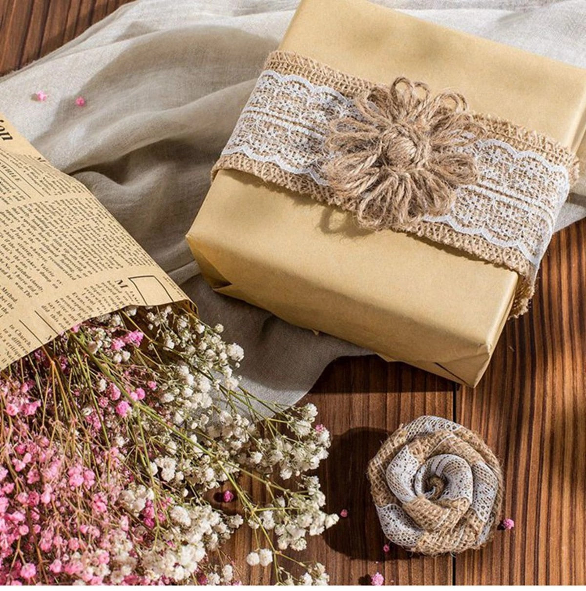 Jute Burlap Rolls Hessian Ribbon With White Lace