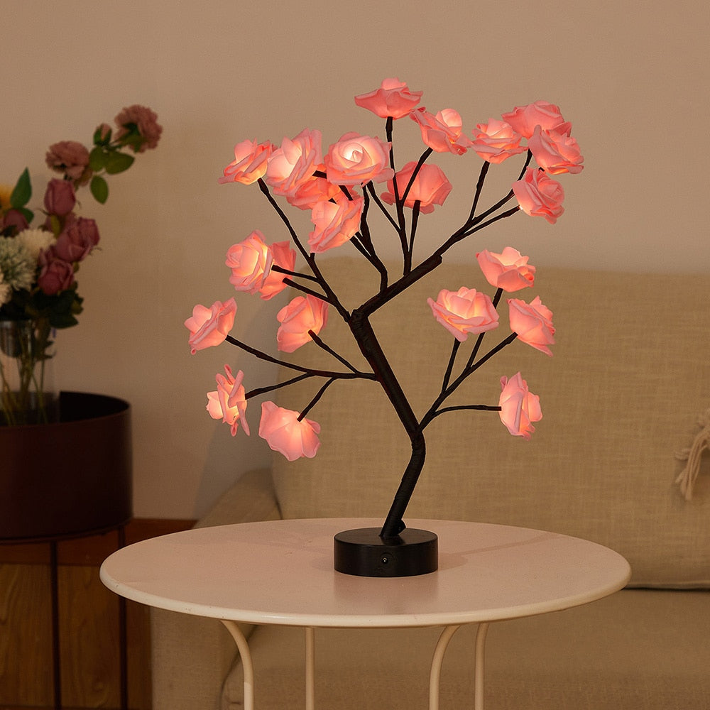 USB Battery Operated LED Table Lamp Rose Bonsai