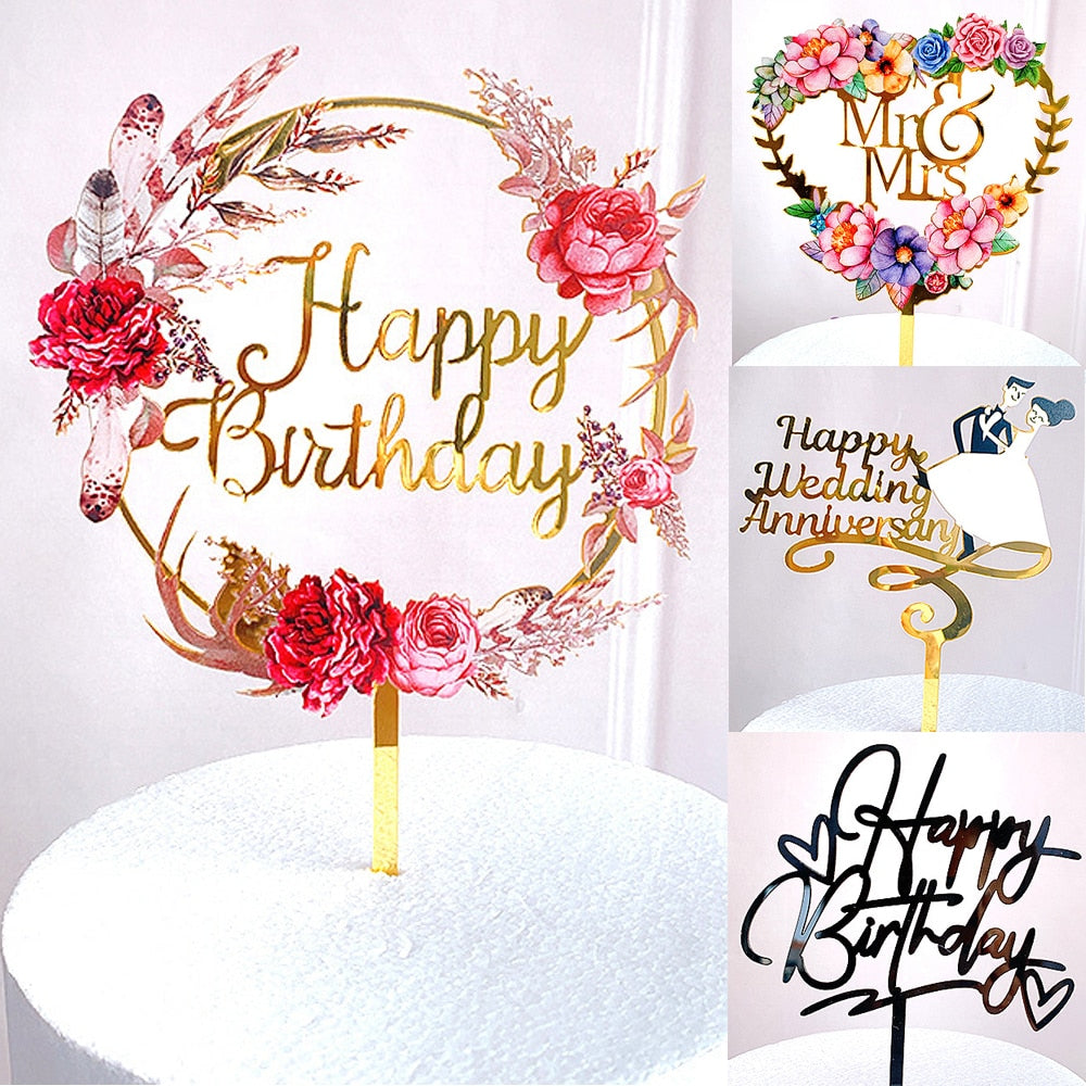 Flowers Cake Topper Happy Birthday Decor