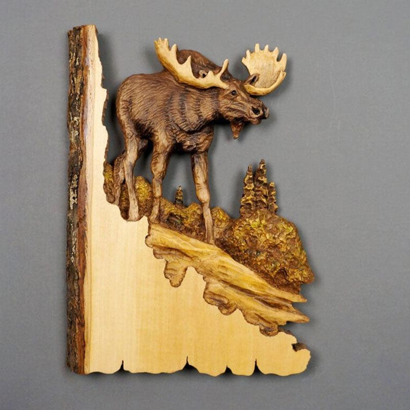 Bear Deer Statue Ornament Wolf Carving Wood Craft Figurine Wall
