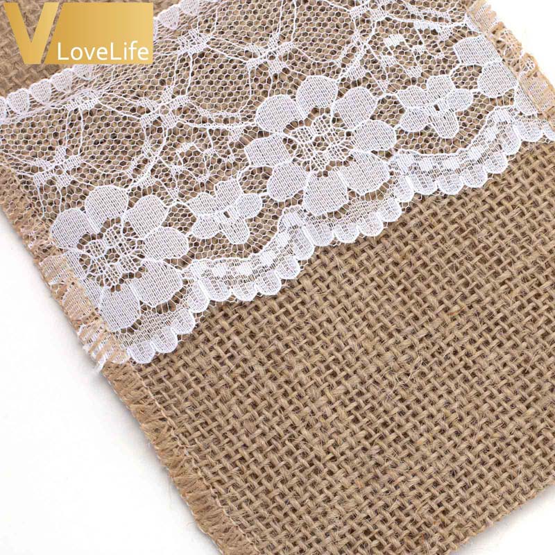 Burlap Lace Cutlery Pouch Tableware Hessian Rustic