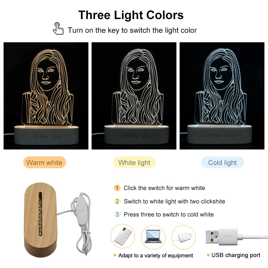 Customized 3D Night Light USB Wooden Base