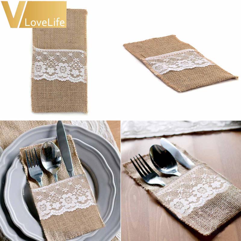 Burlap Lace Cutlery Pouch Tableware Hessian Rustic