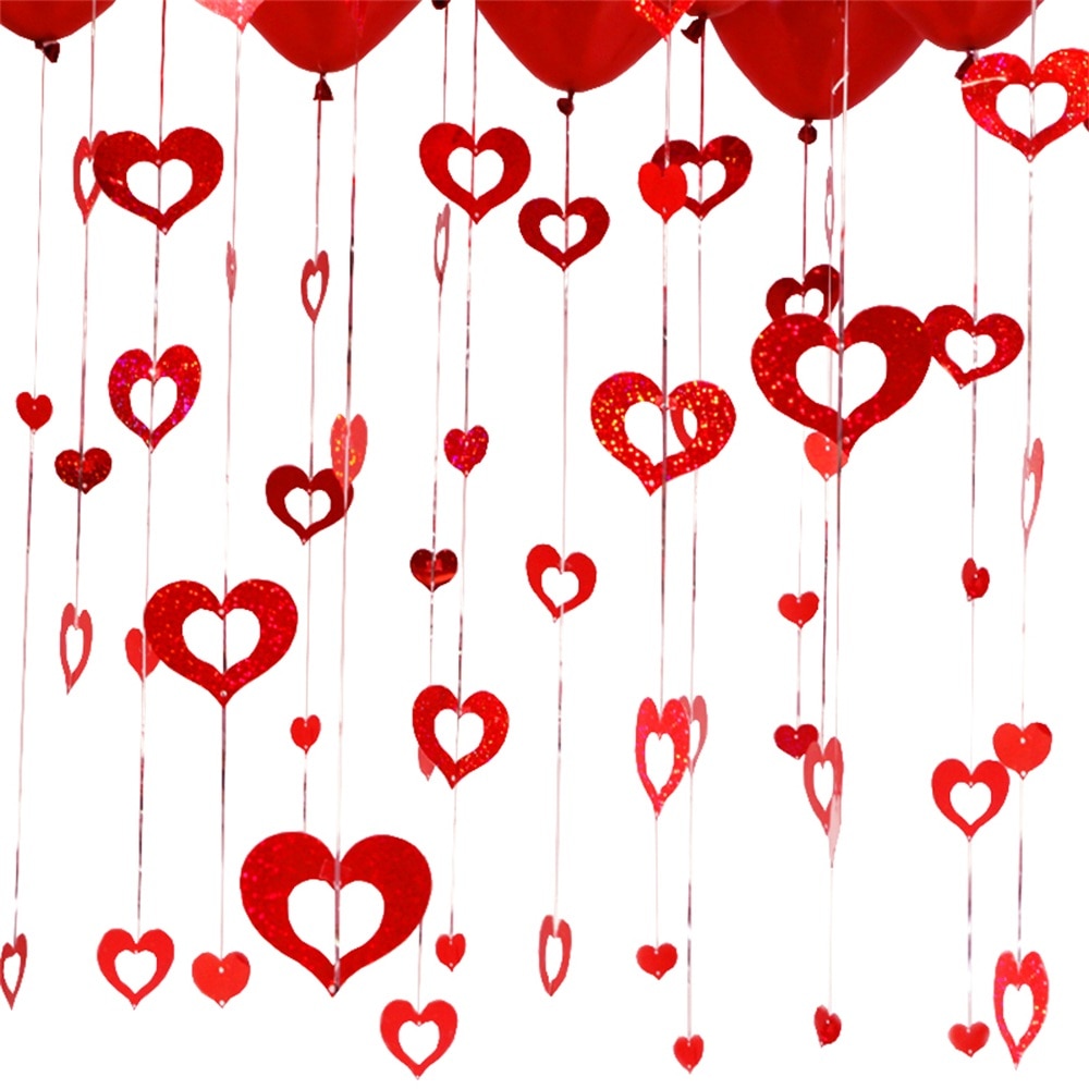 Red Heart Laser Sequins Balloons Foil Rain Tassel Hanging