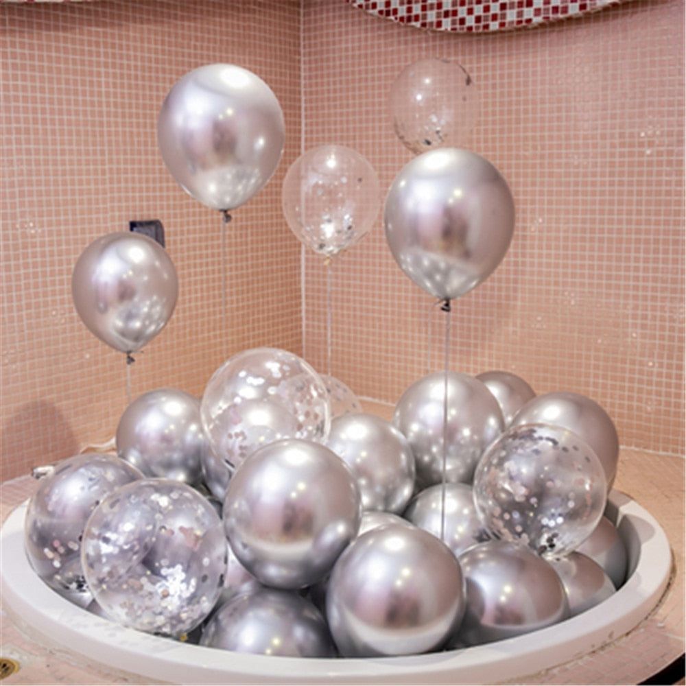 Pink Silver Confetti balloons Set Chrome metallic