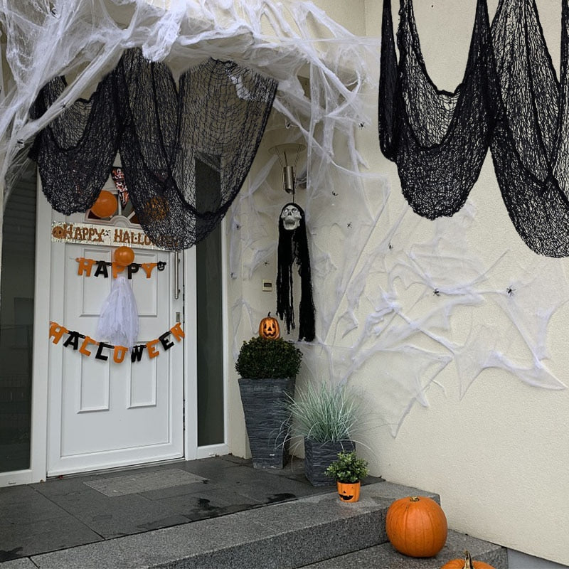 Giant Spider Web Halloween White Black Stretch