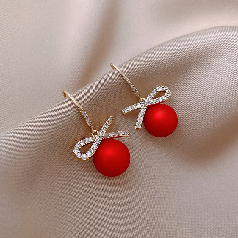 Christmas Red Zircon Crystal Bow Stud Earrings