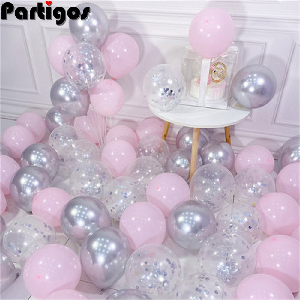 Pink Silver Confetti balloons Set Chrome metallic