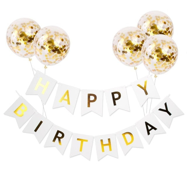 Happy Birthday Letter Banner Rose Gold Confetti Balloons