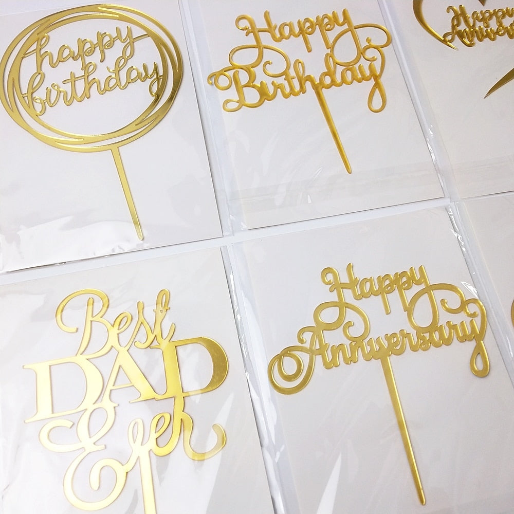 Gold Happy Birthday Cake Topper Acrylic Letter