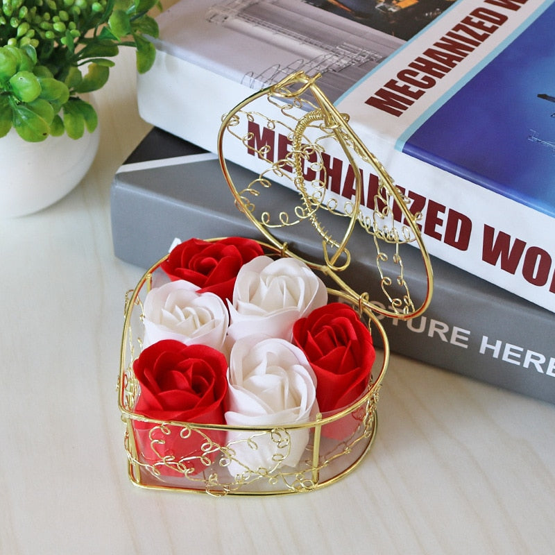 Metal Basket 6 Rose Soap Flower Heart-shaped