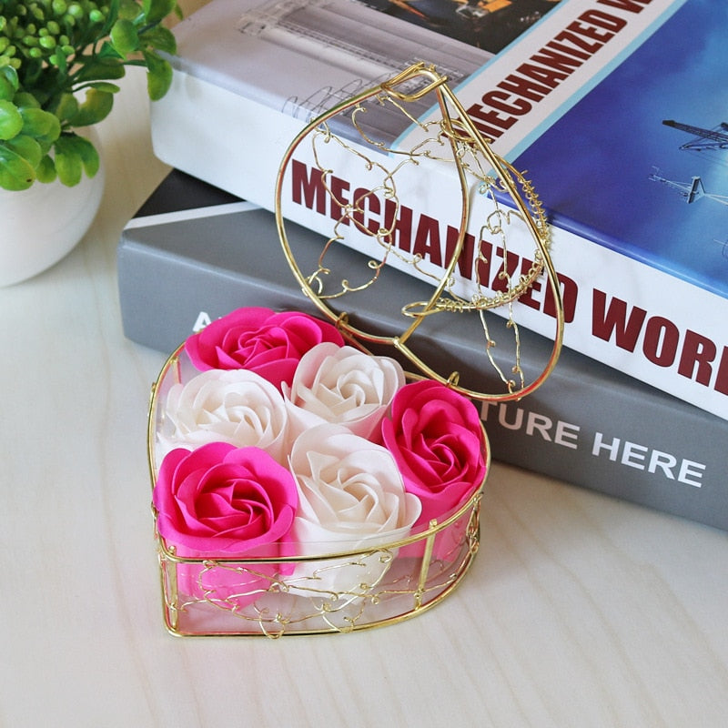 Metal Basket 6 Rose Soap Flower Heart-shaped
