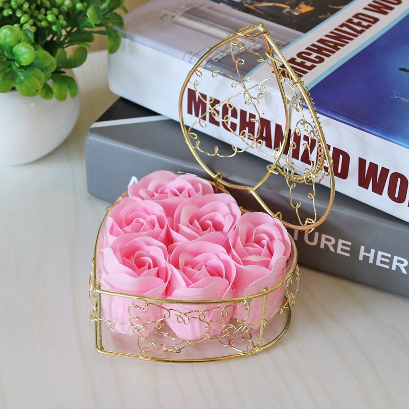 Metal Basket 6 Rose Soap Flower Heart-shaped