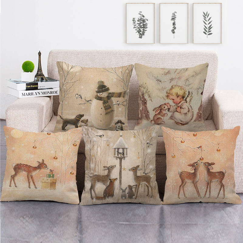 Christmas Elk Tree Cotton Linen Cushion Cover