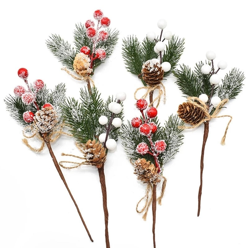 Christmas Red Berry Articifial Flower Pine Cone Branch
