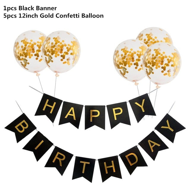 Black Gold Happy Birthday Banner Balloons
