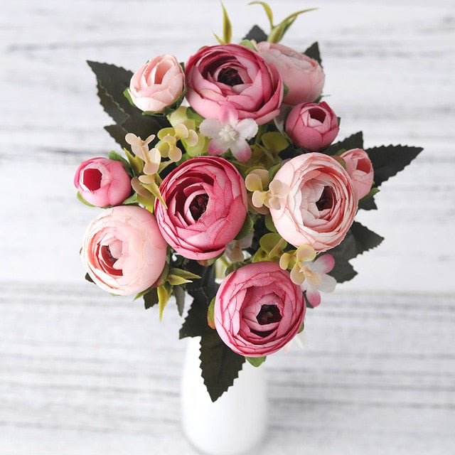 European Vintage Artificial Silk Tea Rose Flowers 6 head 4 Small bud Bouquet Wedding Home Retro Fake Flower Party DIY Decoration