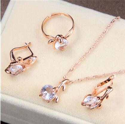bridal gold color necklace earrings Ring wedding crystal sieraden women fashion jewellery set