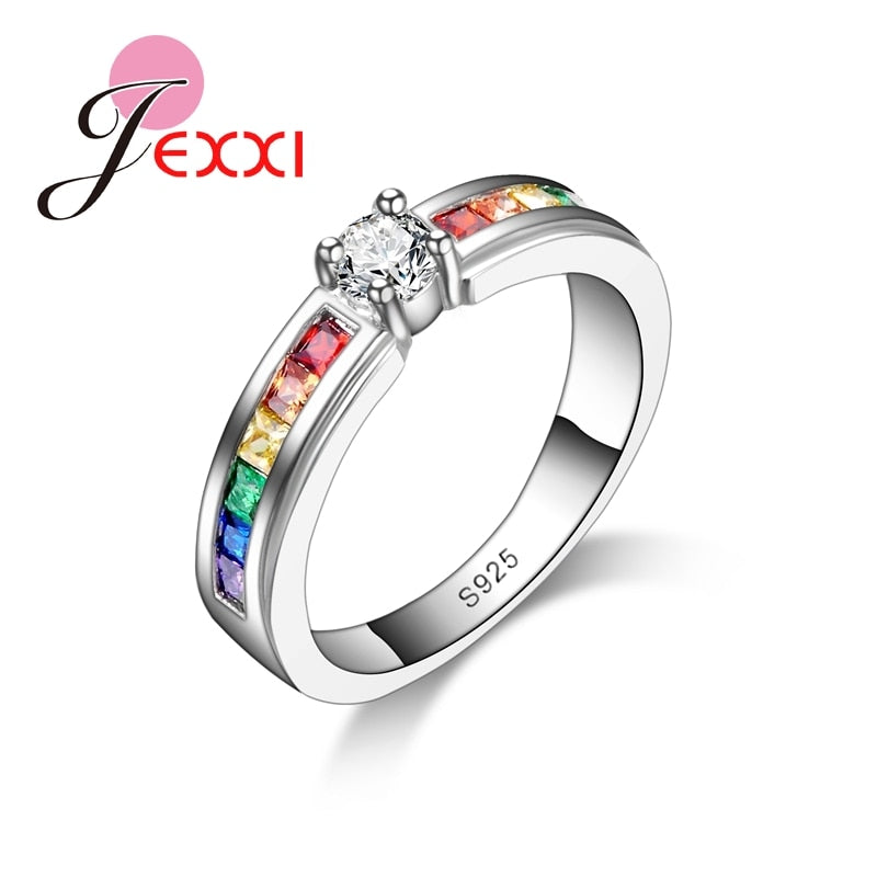 Fashion 925 Sterling Silver Hot Sale Rainbow Engagement Promise Rings For Women High Quality Austrian Rhinestone Jewelry