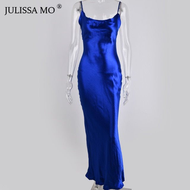 JULISSA MO Sexy Spaghetti Strap Backless Summer Dress Women Satin Lace Up Trumpet Long Dress Elegant Bodycon Party Dresses 2019