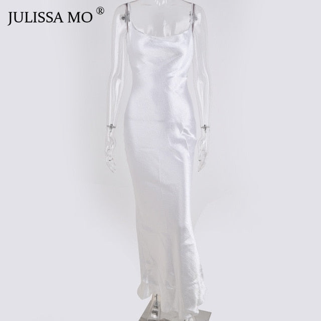 JULISSA MO Sexy Spaghetti Strap Backless Summer Dress Women Satin Lace Up Trumpet Long Dress Elegant Bodycon Party Dresses 2019