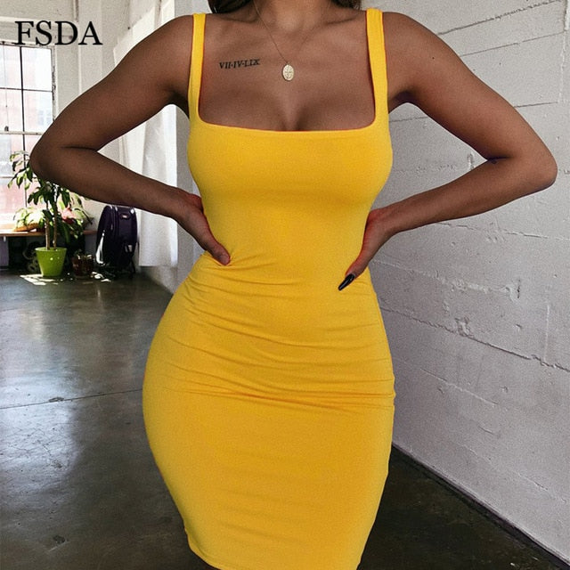 FSDA Square Neck Sleeveless Bodycon Mini Dress Basic Women Summer Black Backless Party Sexy Yellow Clubwear 2020 Dresses